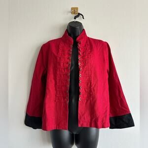 Peacock Ways Lagenlook Red Ramie Band Jacket M – Crescent Toggles, Black Cuffs